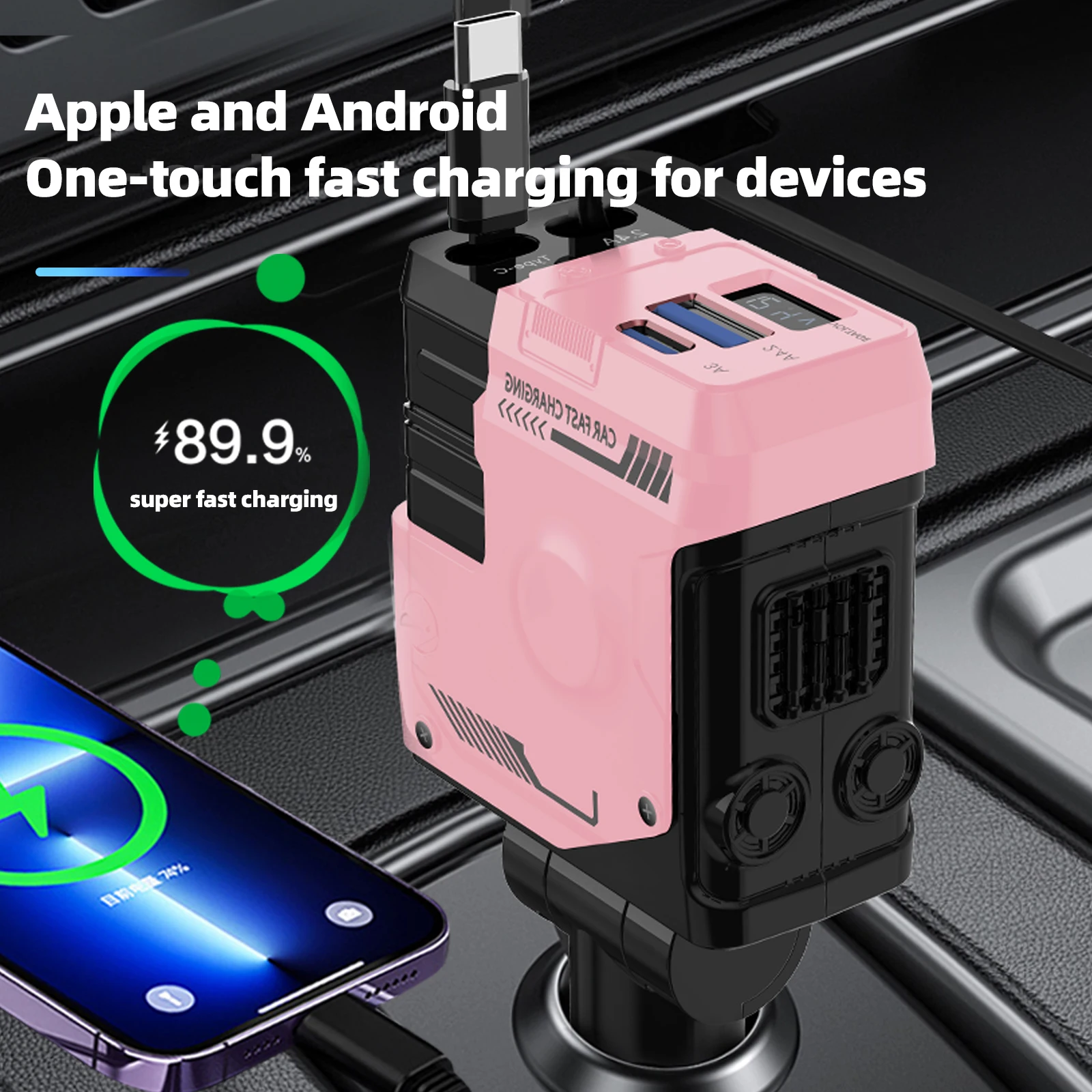 4 In 1 Fast Charging Car Charger with Dual Expansion Cable, Digital Display, Compatible with Apple & Android
4 In 1 Fast Charging Car Charger with Dual Expansion Cable, Digital Display, Compatible with Apple & Android