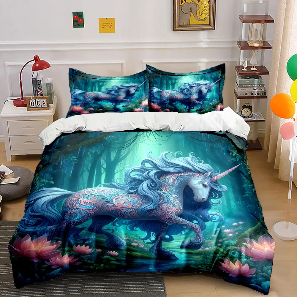 Blue unicorn in enchanted forest Pattern Duvet Cover Set Digital Print Colorful Polyester Bedding with Zipper Closur for gifts
Blue unicorn in enchanted forest Pattern Duvet Cover Set Digital Print Colorful Polyester Bedding with Zipper Closur for gifts