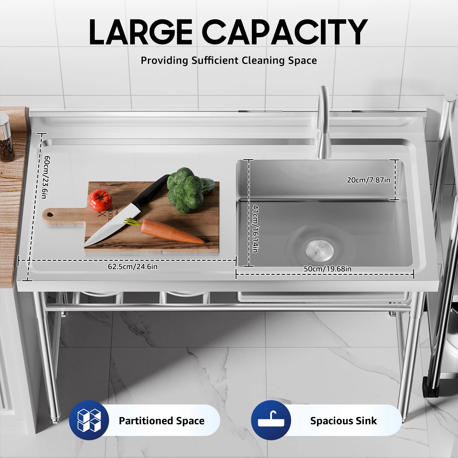 201 Stainless Steel Freestanding Kitchen Sink, Large Capacity Utility Washing Sink 24.6*23.6In Countertop 441LBS Load, 180° Rotatable Hot Cold Faucet with Ceramic Valve Core
201 Stainless Steel Freestanding Kitchen Sink, Large Capacity Utility Washing Sink 24.6*23.6In Countertop 441LBS Load, 180° Rotatable Hot Cold Faucet with Ceramic Valve Core