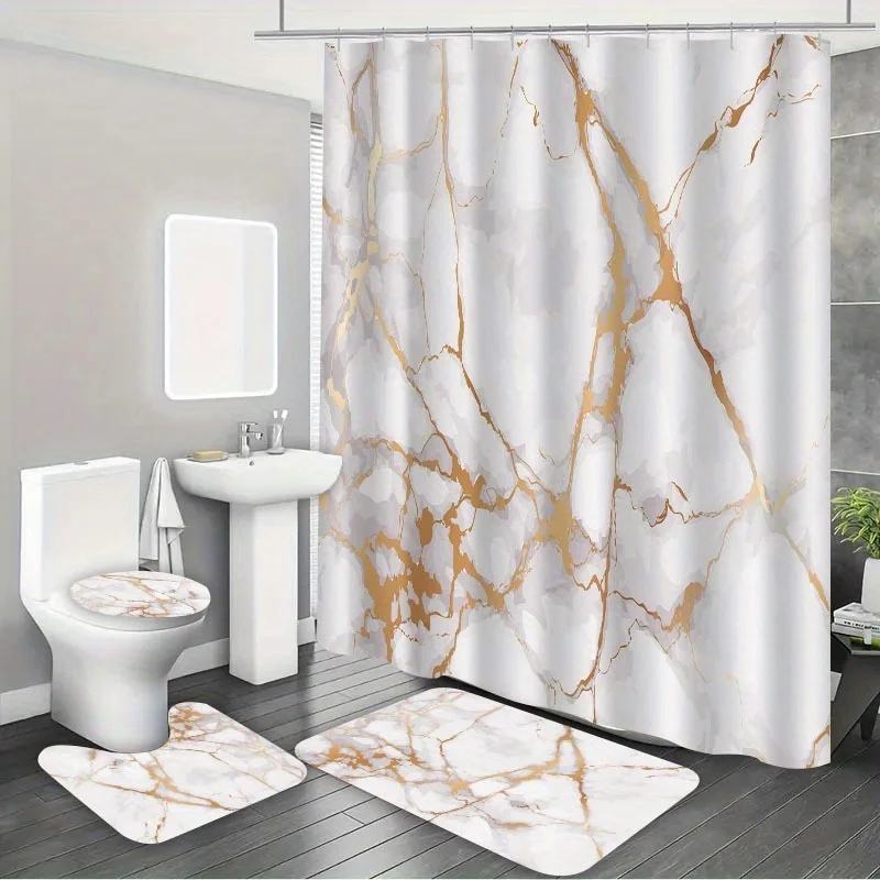 4-piece gold marble print decorative bathroom set, including shower curtain, toilet seat cover, non-slip mat, U-shaped mat
4-piece gold marble print decorative bathroom set, including shower curtain, toilet seat cover, non-slip mat, U-shaped mat
