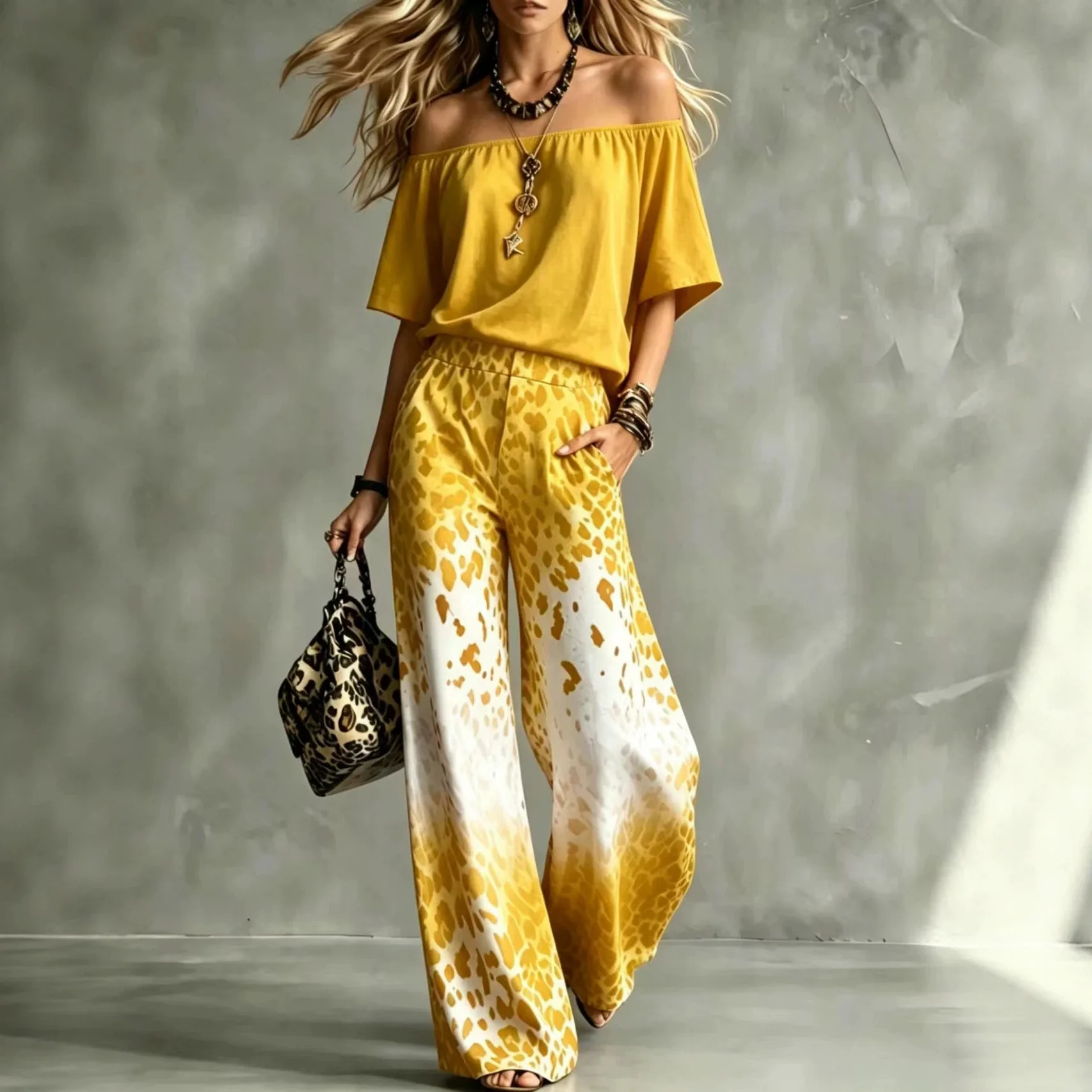Summer Women Off Shoulder Short Sleeve Top Gradient Leopard Print Wide Leg Pants Two Piece Boho Casual Fashion Matching Suit New
Summer Women Off Shoulder Short Sleeve Top Gradient Leopard Print Wide Leg Pants Two Piece Boho Casual Fashion Matching Suit New