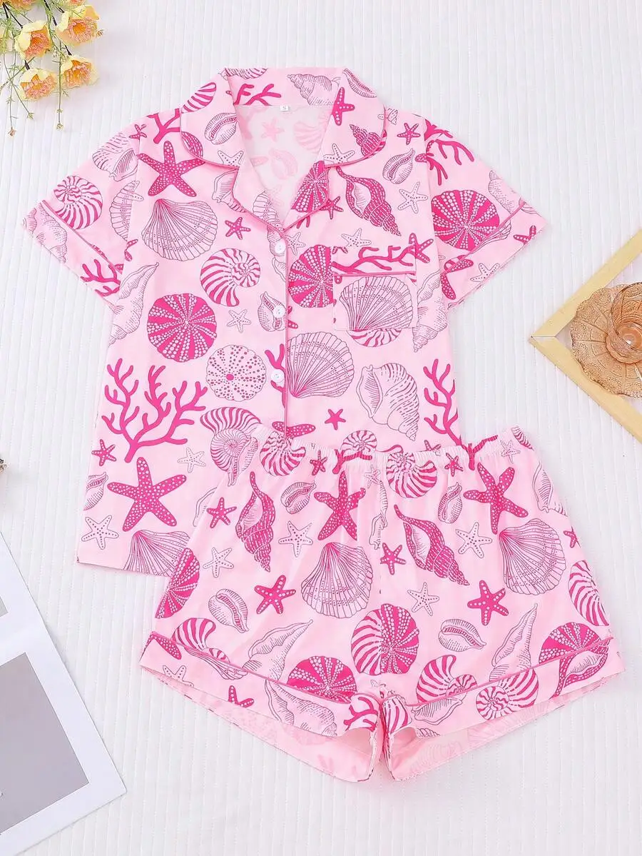 2pcs Seashell Print Women Pajamas Set Collared Short Sleeve Top And Elastic Waist Shorts
2pcs Seashell Print Women Pajamas Set Collared Short Sleeve Top And Elastic Waist Shorts