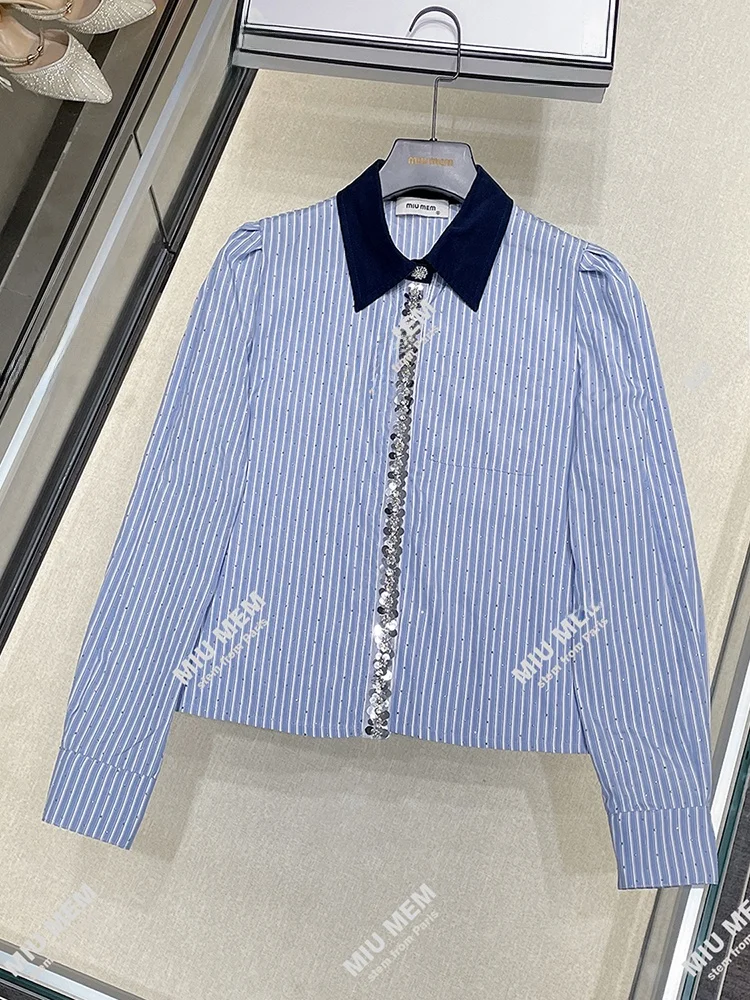 Miumem Velvet irt Women's Spring Autumn Stripe Rhinestone Collar Top Ele Commute Sle Straight Tube Long Sve Blouse
Miumem Velvet irt Women's Spring Autumn Stripe Rhinestone Collar Top Ele Commute Sle Straight Tube Long Sve Blouse