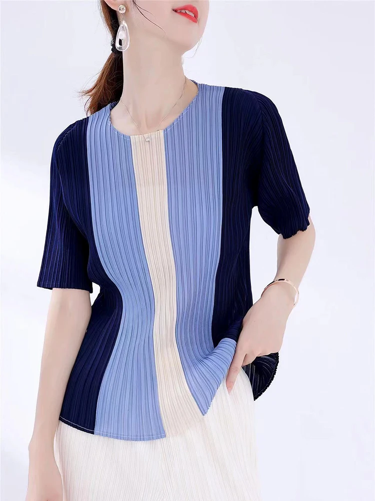 Slim Fit Striped T-Shirt Women's Short Sleeve Pleated Fashionable Versatile Polyester Fiber round Neck Regular Sleeve Length
Slim Fit Striped T-Shirt Women's Short Sleeve Pleated Fashionable Versatile Polyester Fiber round Neck Regular Sleeve Length
