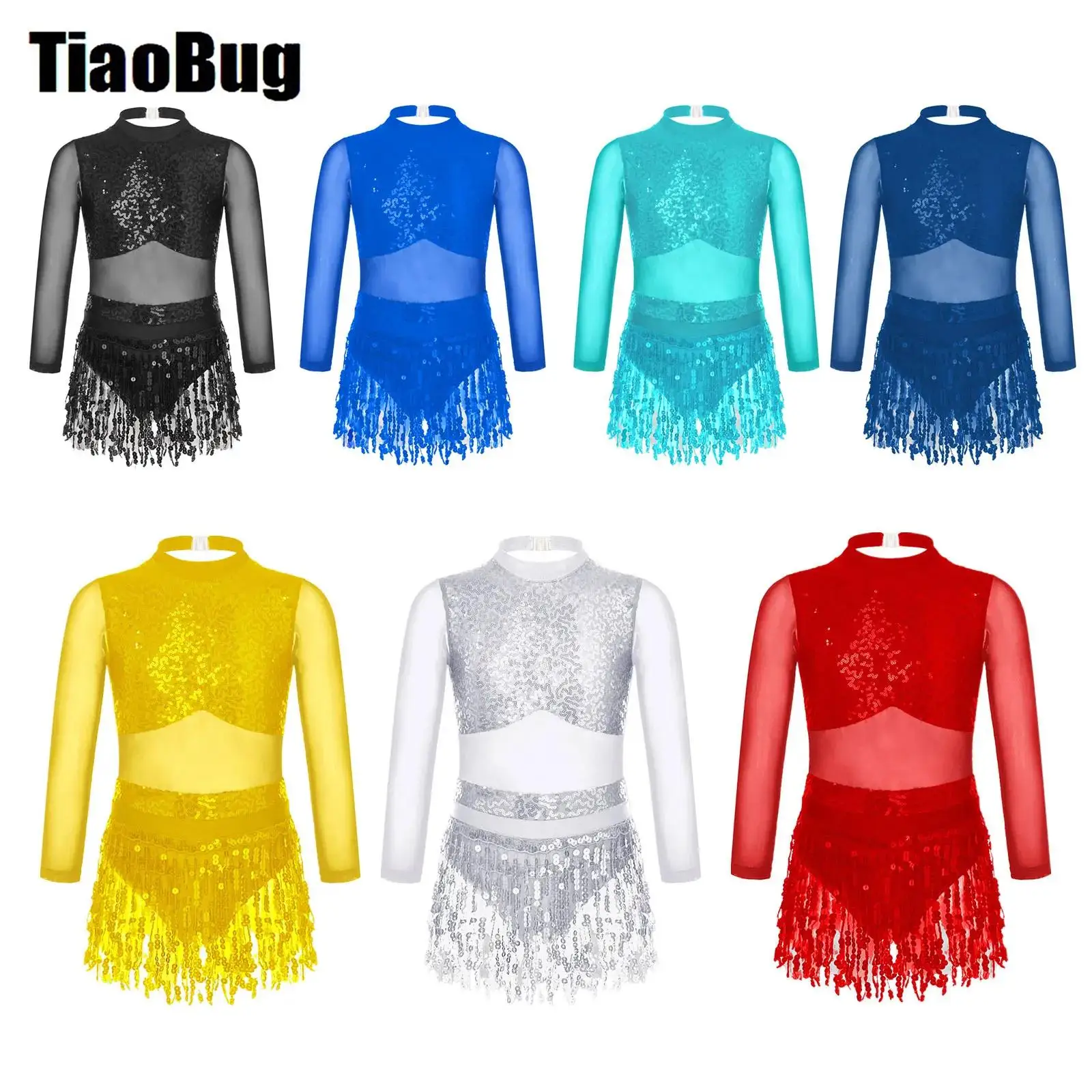 Kids Girls Shiny Sequins Latin Dress Stylish Mesh Long Sleeve Round Collar Hollow Back Patchwork Style Tassel Dance Dress
Kids Girls Shiny Sequins Latin Dress Stylish Mesh Long Sleeve Round Collar Hollow Back Patchwork Style Tassel Dance Dress