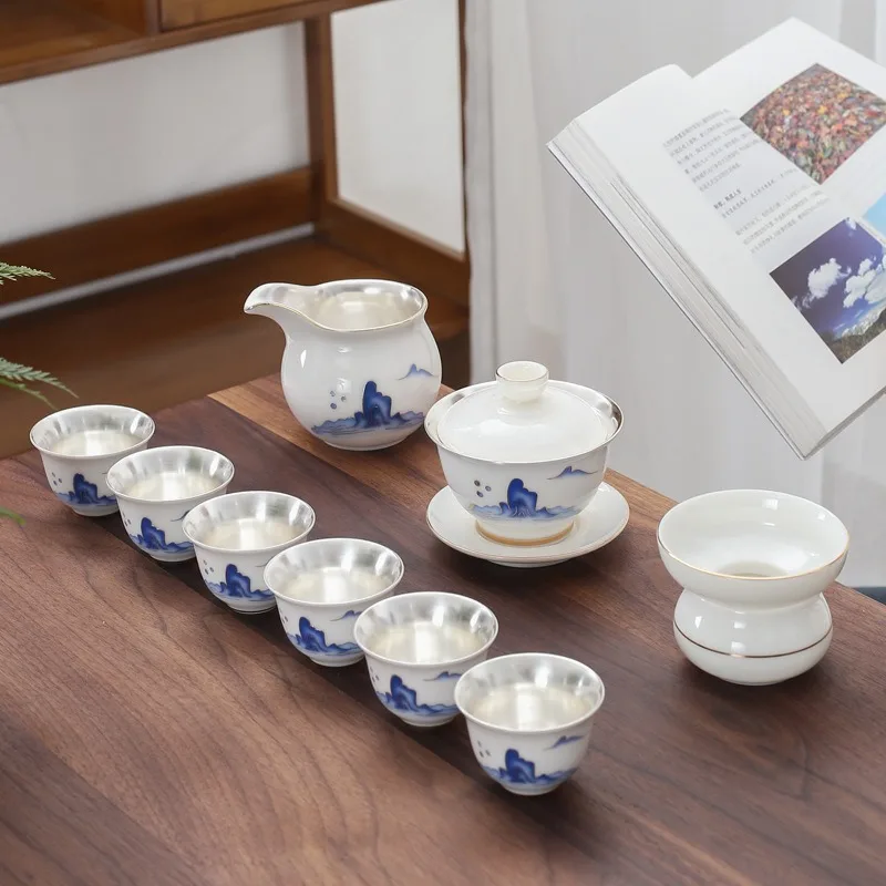High white porcelaincover bowl Kung Fu tea set 999 silver plated brewing teapot set ceramic teacup
High white porcelaincover bowl Kung Fu tea set 999 silver plated brewing teapot set ceramic teacup