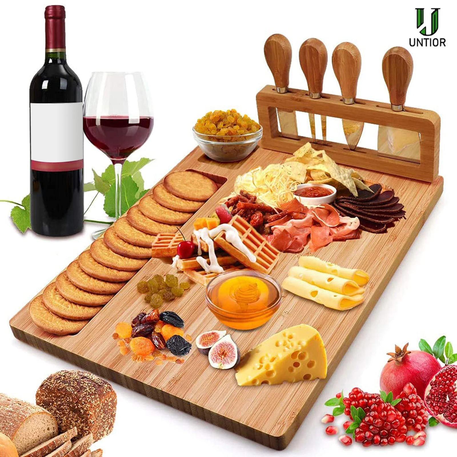 Bamboo Cheese Board Set Cheese Tray Charcuterie Board and Serving Meat Platter with 4 Stainless Steel Cheese Knives For Kitchen
Bamboo Cheese Board Set Cheese Tray Charcuterie Board and Serving Meat Platter with 4 Stainless Steel Cheese Knives For Kitchen