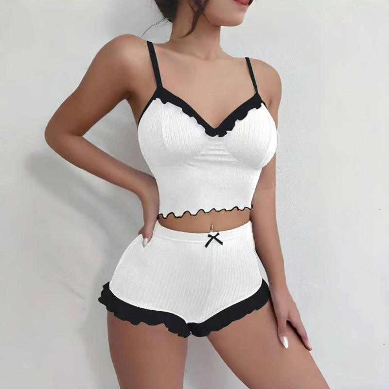 Women's Ribbed Knit Loungewear Set-Spaghetti Strap Cropped Top High Waist Shorts, Trim&Bow Detail, Sweet Home Wear Spring Summer
Women's Ribbed Knit Loungewear Set-Spaghetti Strap Cropped Top High Waist Shorts, Trim&Bow Detail, Sweet Home Wear Spring Summer