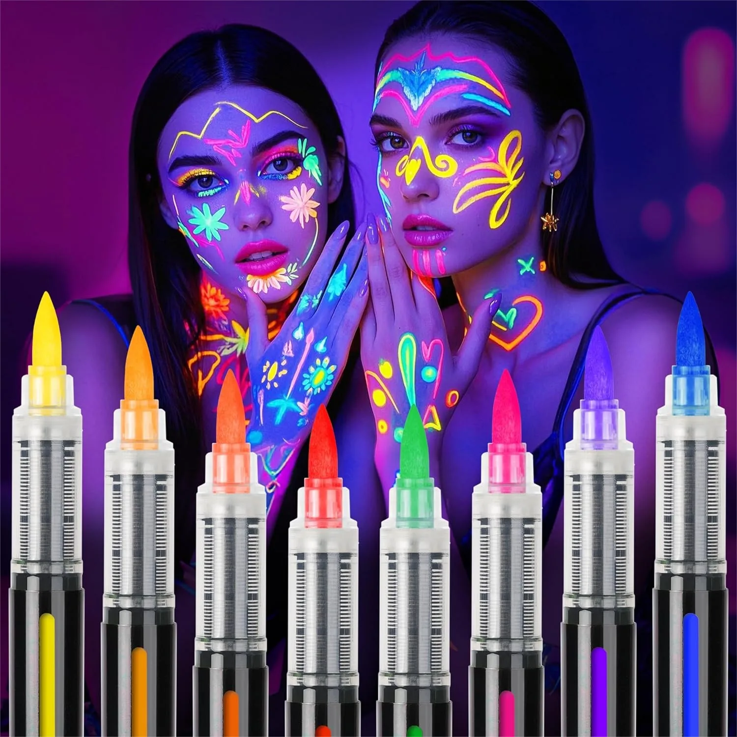 8 Glow In The Dark Body Paint Pens UV Neon Face Paint Kit Festival Essentials Halloween Makeup Washable Tattoo Markers For Skin
8 Glow In The Dark Body Paint Pens UV Neon Face Paint Kit Festival Essentials Halloween Makeup Washable Tattoo Markers For Skin
