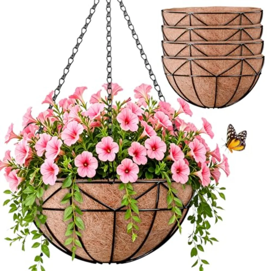 Outdoor hanging baskets for patio, fence, balcony: heavy-duty rust-proof metal, black, with coco liners for trailing vines, fer
Outdoor hanging baskets for patio, fence, balcony: heavy-duty rust-proof metal, black, with coco liners for trailing vines, fer