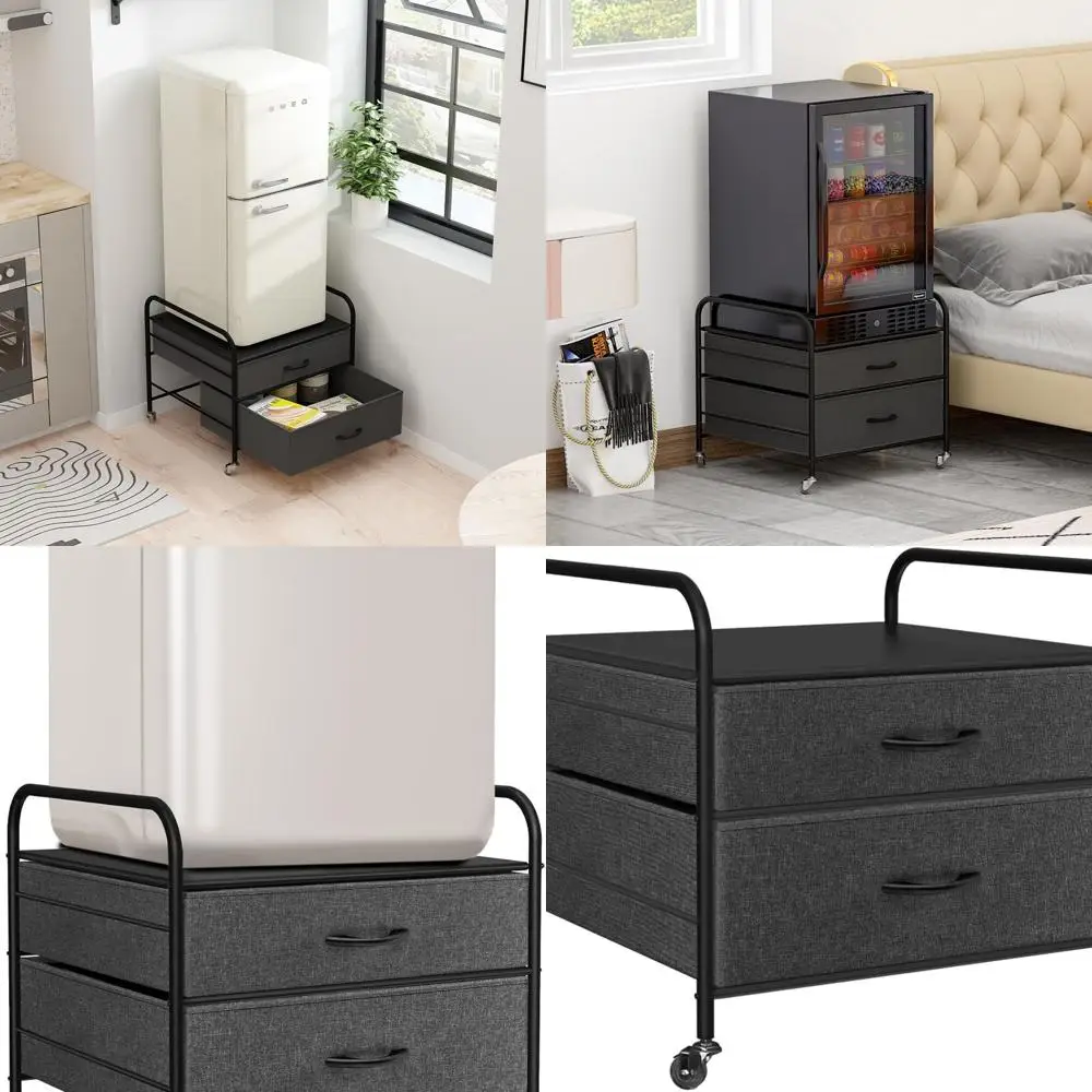 Rolling Storage Cart with 2 Drawers for Mini Fridge, Black Metal Frame, 4 Wheels, Fabric Drawers, Wood Handles
Rolling Storage Cart with 2 Drawers for Mini Fridge, Black Metal Frame, 4 Wheels, Fabric Drawers, Wood Handles