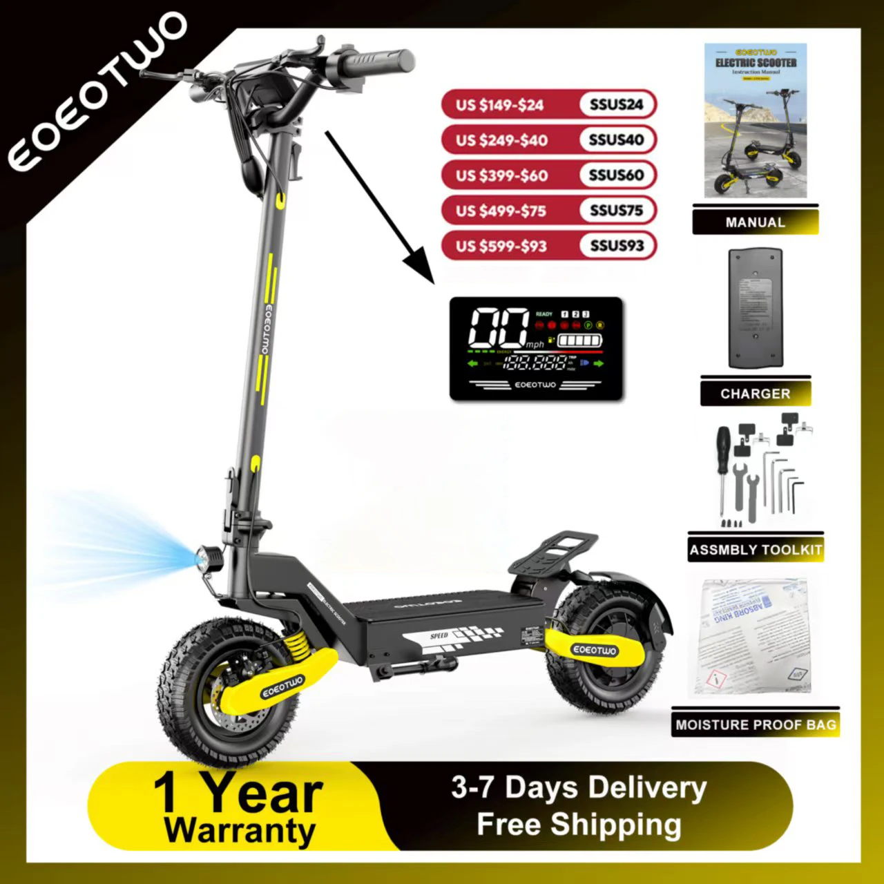 EOEOTWO 1200W Off Road Electric Scooter for Adults 48V Long Range E-Scooter 30MPH Fast Speed 11" Tubeless Tire Foldable Kick Scooter
EOEOTWO 1200W Off Road Electric Scooter for Adults 48V Long Range E-Scooter 30MPH Fast Speed 11" Tubeless Tire Foldable Kick Scooter