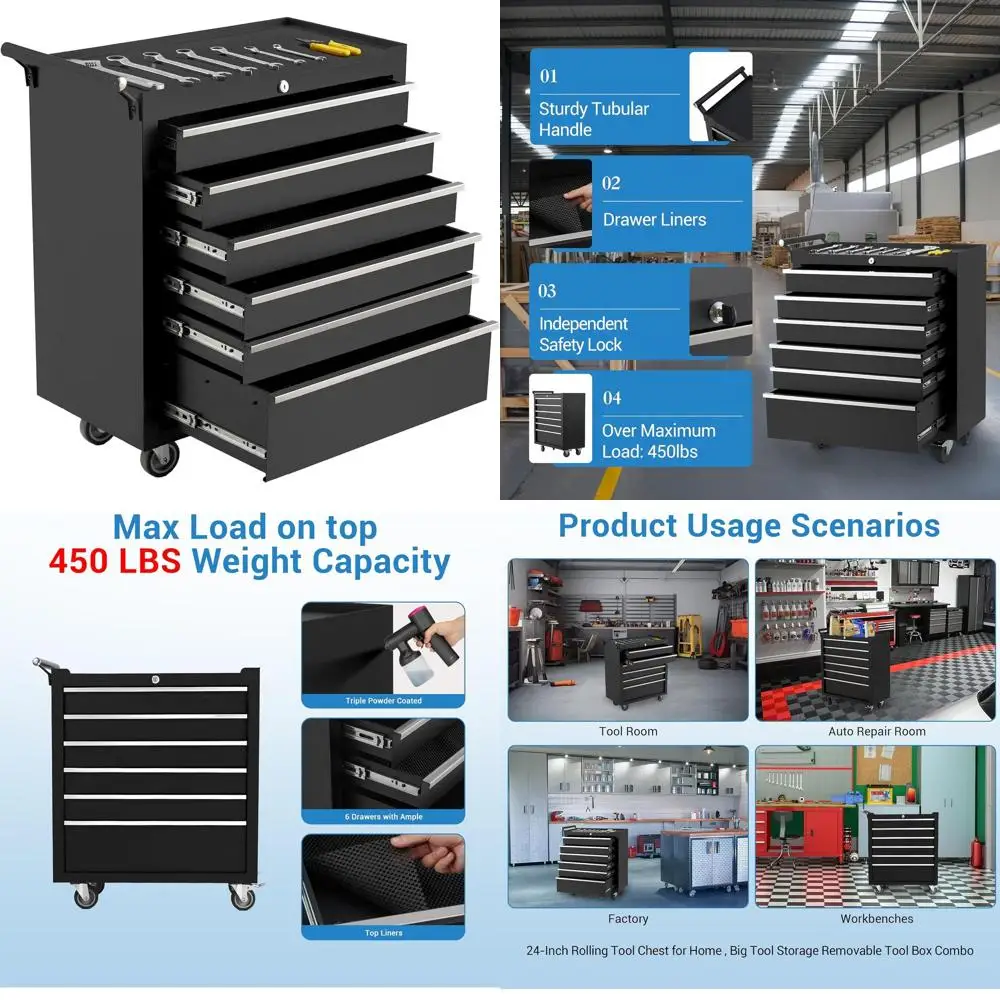 Передвижной ящик для инструментов на колесах с 6 ящиками, запираемый шкаф для хранения на колесах для гаража и мастерской, черный
Передвижной ящик для инструментов на колесах с 6 ящиками, запираемый шкаф для хранения на колесах для гаража и мастерской, черный