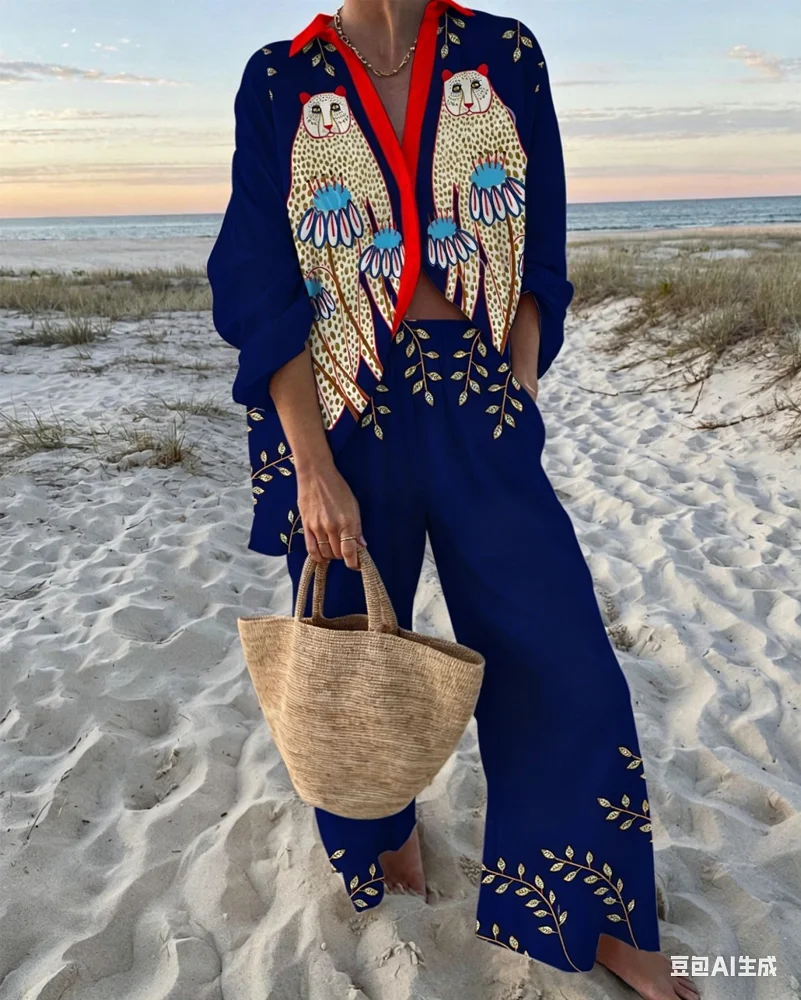 Women's Fashion Print Beach Holiday 2-Piece Set Women Spring Summer Long Sleeve Shirt Top + Wide Legs Oversized Two-Piece Outfit
Women's Fashion Print Beach Holiday 2-Piece Set Women Spring Summer Long Sleeve Shirt Top + Wide Legs Oversized Two-Piece Outfit