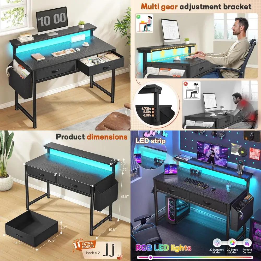 LED-Illuminated 31.5 Inch Fabric-Drawer Office Desk with Ergonomic Monitor Stand and Gaming Side Pocket
LED-Illuminated 31.5 Inch Fabric-Drawer Office Desk with Ergonomic Monitor Stand and Gaming Side Pocket