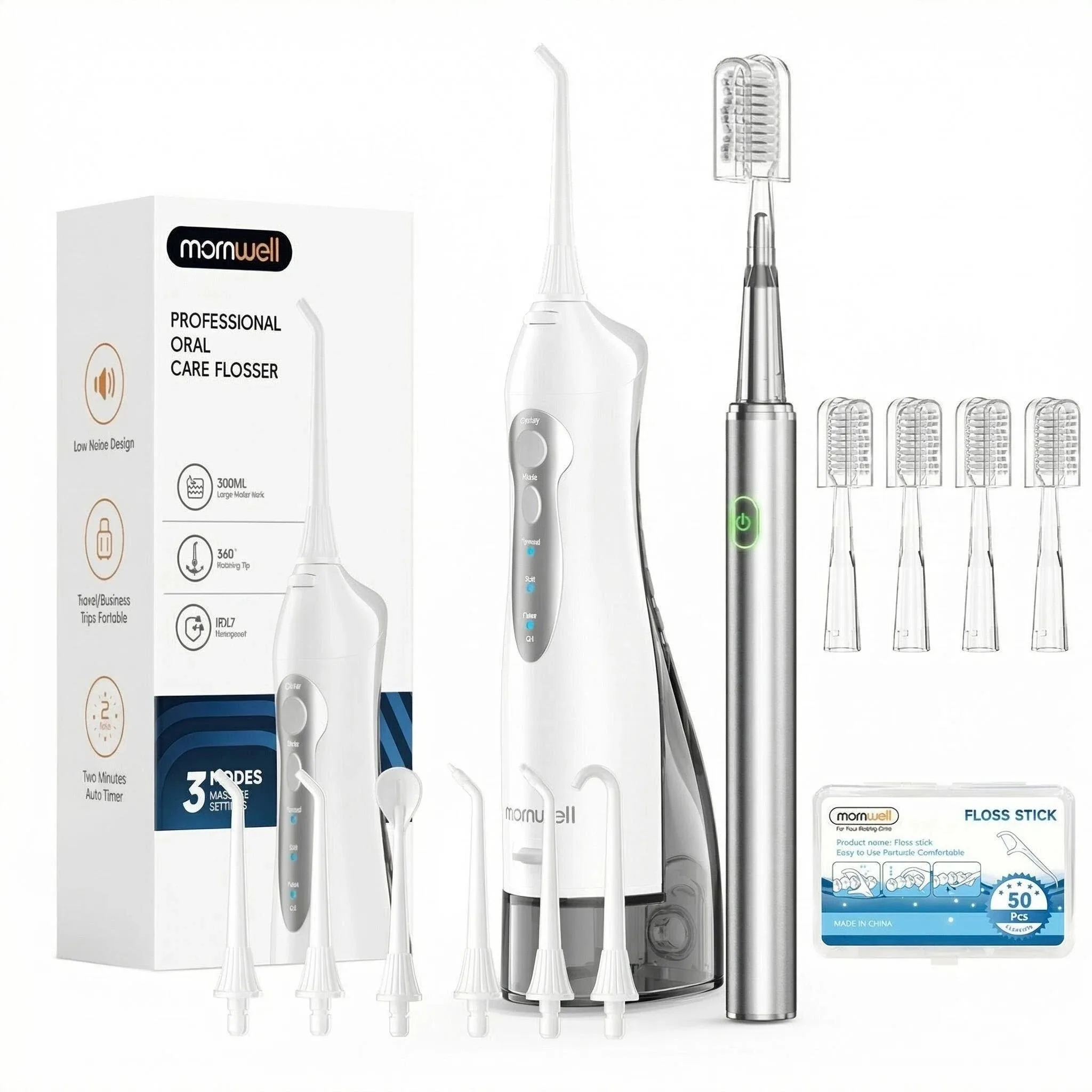 Mornwell Electric Toothbrush with Water Flosser Combo: Portable Oral Clean Kit for Teeth Brushing & Flossing With Multiple Modes
Mornwell Electric Toothbrush with Water Flosser Combo: Portable Oral Clean Kit for Teeth Brushing & Flossing With Multiple Modes