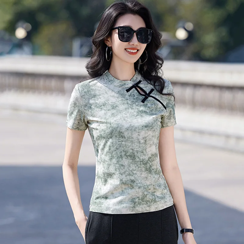 New Women Summer Ink Smudge T-shirt Fashion Stand Collar Short Sleeve Chinese Style T-shirt Elegant Gentle Slim T-shirt
New Women Summer Ink Smudge T-shirt Fashion Stand Collar Short Sleeve Chinese Style T-shirt Elegant Gentle Slim T-shirt