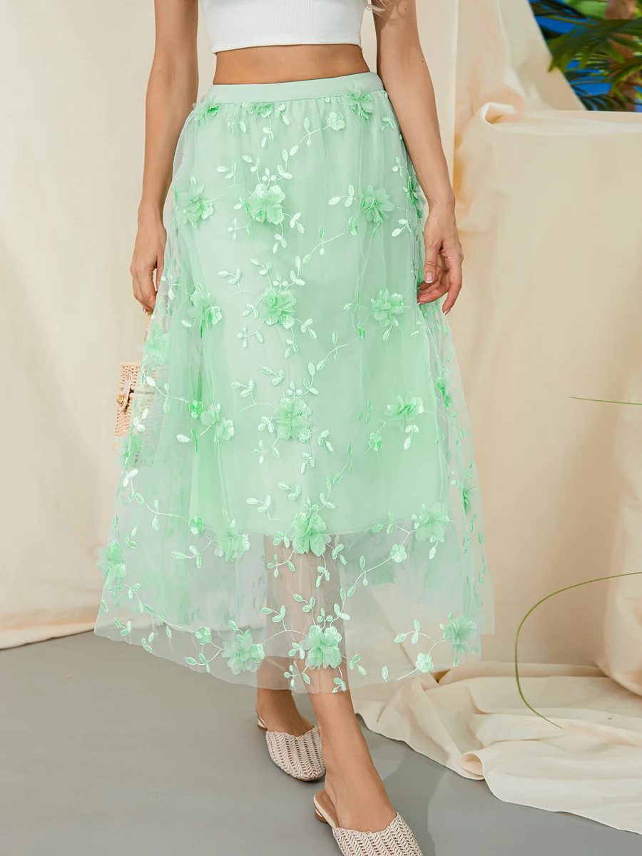 New Fashion Womens Long Tulle Skirt Casual High Waist 3D Flower Embroidery Solid Color Midi Swing Skirt Hot Sale
New Fashion Womens Long Tulle Skirt Casual High Waist 3D Flower Embroidery Solid Color Midi Swing Skirt Hot Sale
