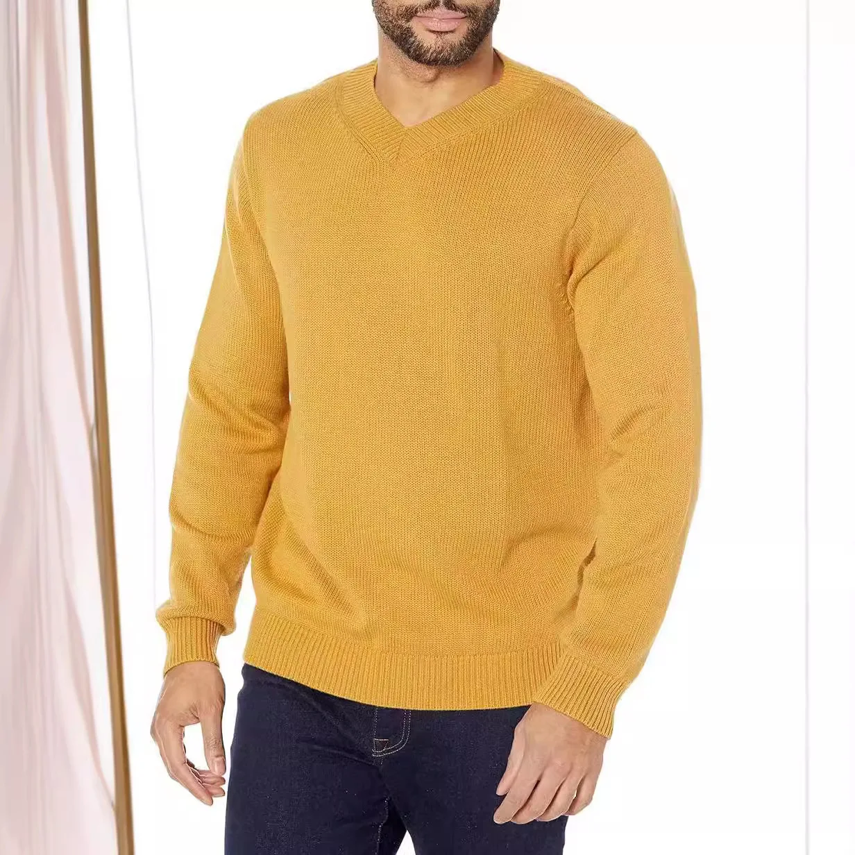 Новая мода, осенне-зимний мужской однотонный простой базовый повседневный модный вязаный свитер с v-образным вырезом и длинными рукавами, пуловеры, мужские топы 
Новая мода, осенне-зимний мужской однотонный простой базовый повседневный модный вязаный свитер с v-образным вырезом и длинными рукавами, пуловеры, мужские топы