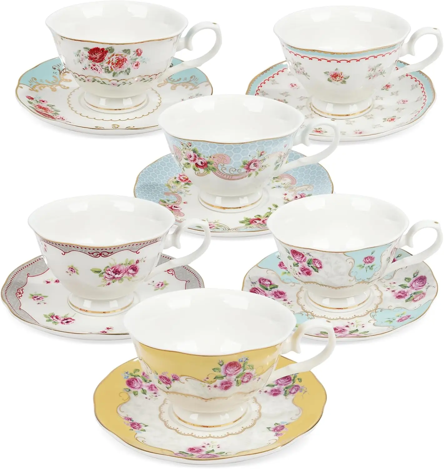 Colorful Floral Porcelain Coffee Cups with Saucers, Classic Rose Tea Party Set for 6
Colorful Floral Porcelain Coffee Cups with Saucers, Classic Rose Tea Party Set for 6