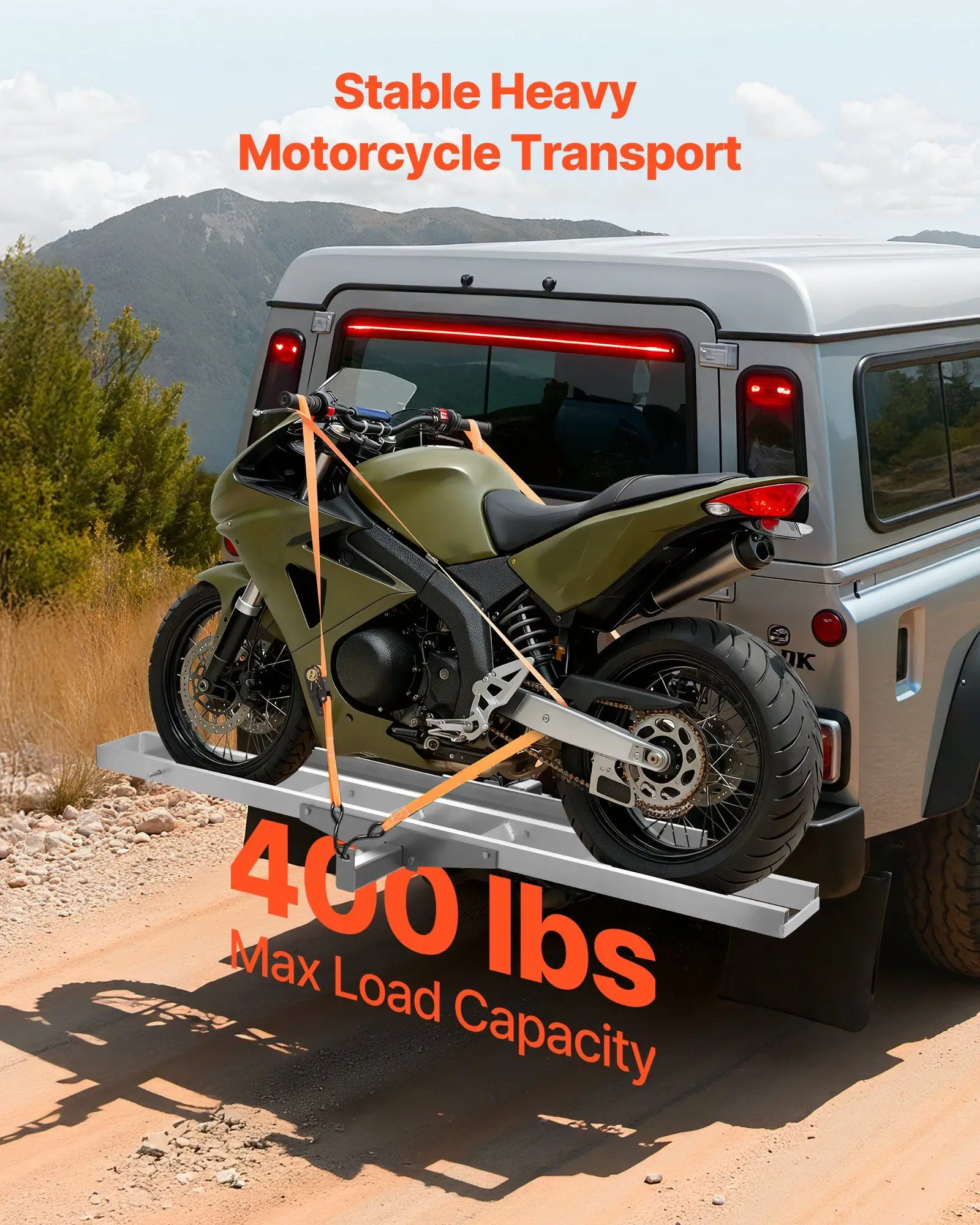 Motorcycle Carrier, 400 lbs Capacity, Heavy Duty Aluminum Hitch Mount Rack with 47in Loading Ramp, Straps & Stabilizer, Scooter Dirt Bike Trailer Hauler for Car Truck with 2-Inch Hitch Receiver
Motorcycle Carrier, 400 lbs Capacity, Heavy Duty Aluminum Hitch Mount Rack with 47in Loading Ramp, Straps & Stabilizer, Scooter Dirt Bike Trailer Hauler for Car Truck with 2-Inch Hitch Receiver