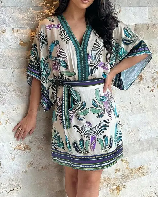New 2 Pieces Outfit V-Neck Batwing Sleeve Bodysuit Zipper Back Tie Waist Wrap Front Skirt Set Animal Plants Print Vacation Set
New 2 Pieces Outfit V-Neck Batwing Sleeve Bodysuit Zipper Back Tie Waist Wrap Front Skirt Set Animal Plants Print Vacation Set