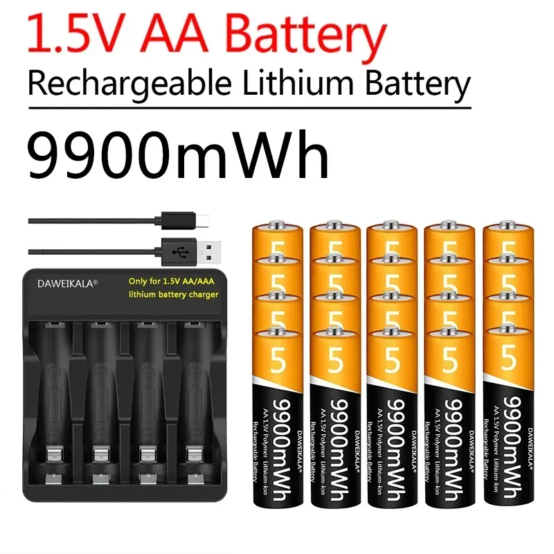 1.5V AA Battery 9900mWh Rechargeable Lithium-ion Battery 2000+ cycles for remote control mouse fan Electric toy with USB charger
1.5V AA Battery 9900mWh Rechargeable Lithium-ion Battery 2000+ cycles for remote control mouse fan Electric toy with USB charger