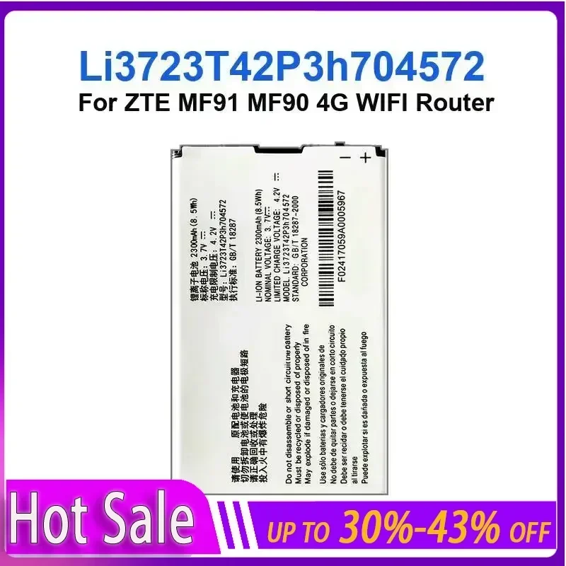 Li3723T42P3h704572 Replacement Battery 2300mAh for ZTE MF91 MF90 4G WIFI Router Portable Batteries Warranty + Track Code
Li3723T42P3h704572 Replacement Battery 2300mAh for ZTE MF91 MF90 4G WIFI Router Portable Batteries Warranty + Track Code