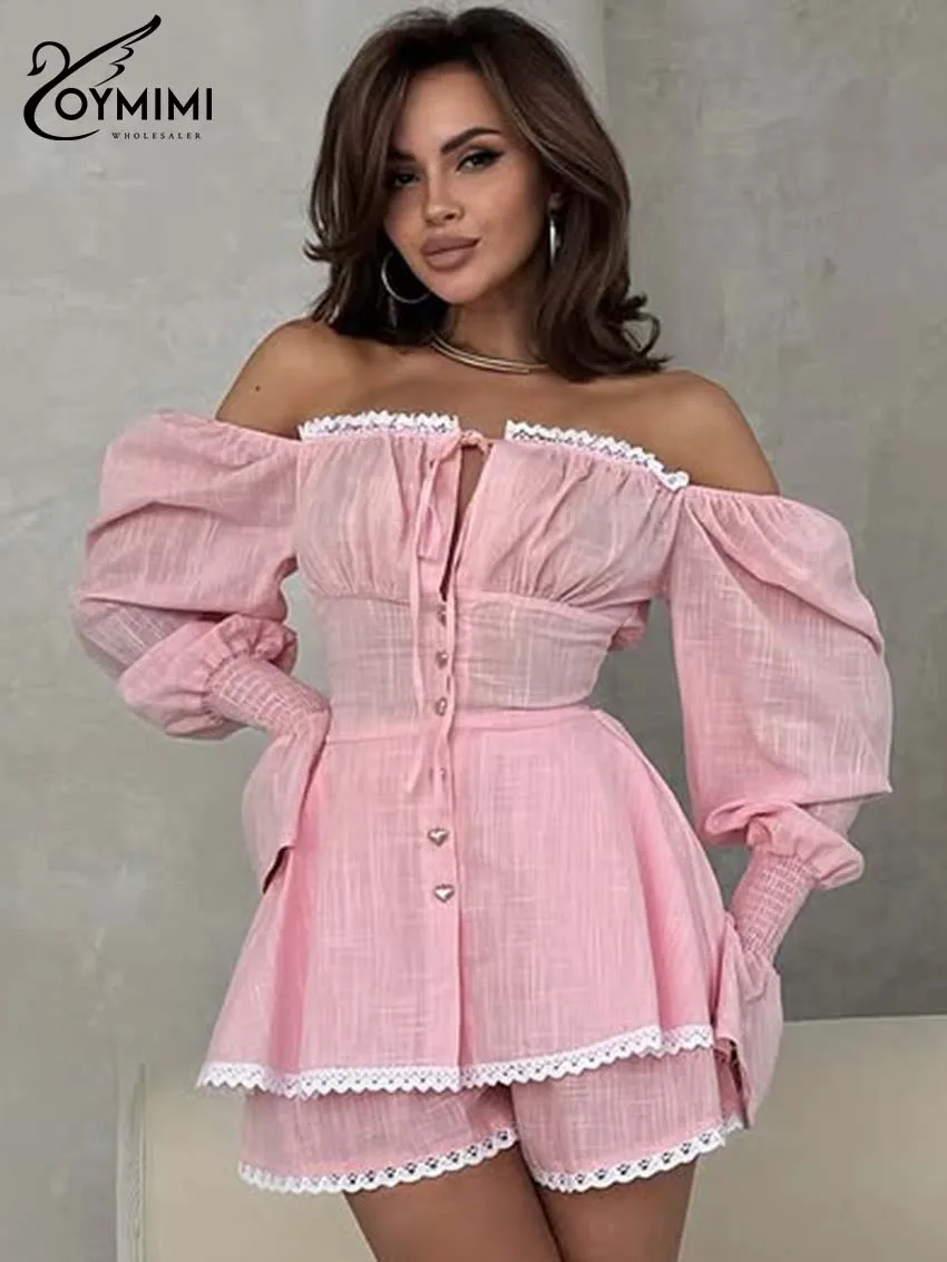 Oymimi Women's Pink 2-Piece Set 2026 Spring Off-Shoulder Long Sleeve Top Shorts Lace Trim Heart Button Trendy Sweet Spicy Wear
Oymimi Women's Pink 2-Piece Set 2026 Spring Off-Shoulder Long Sleeve Top Shorts Lace Trim Heart Button Trendy Sweet Spicy Wear