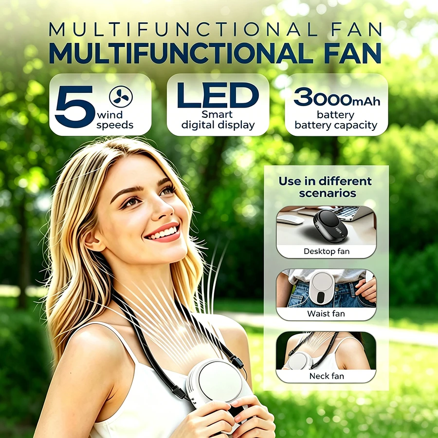 4-in-1 Handheld Fan, 5 Speeds, LED Display, 3000mAh Rechargeable, Also Desktop/Waist Clip/Neck Fan, Quiet Powerful Portable Fan
4-in-1 Handheld Fan, 5 Speeds, LED Display, 3000mAh Rechargeable, Also Desktop/Waist Clip/Neck Fan, Quiet Powerful Portable Fan