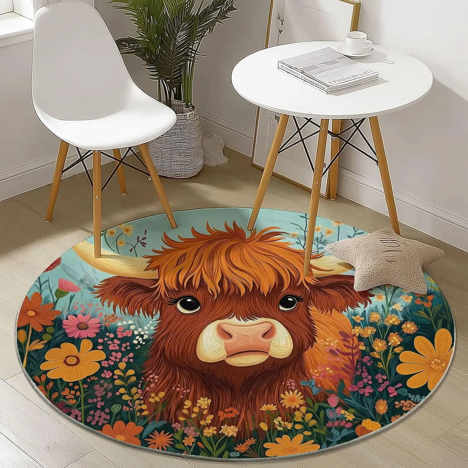 Round Area Rugs for Entryway, Soft Living Room Circular Rugs, Cartoon Style Highland Cow Floral Pattern Non-Slip Foyer Throw Mat
Round Area Rugs for Entryway, Soft Living Room Circular Rugs, Cartoon Style Highland Cow Floral Pattern Non-Slip Foyer Throw Mat