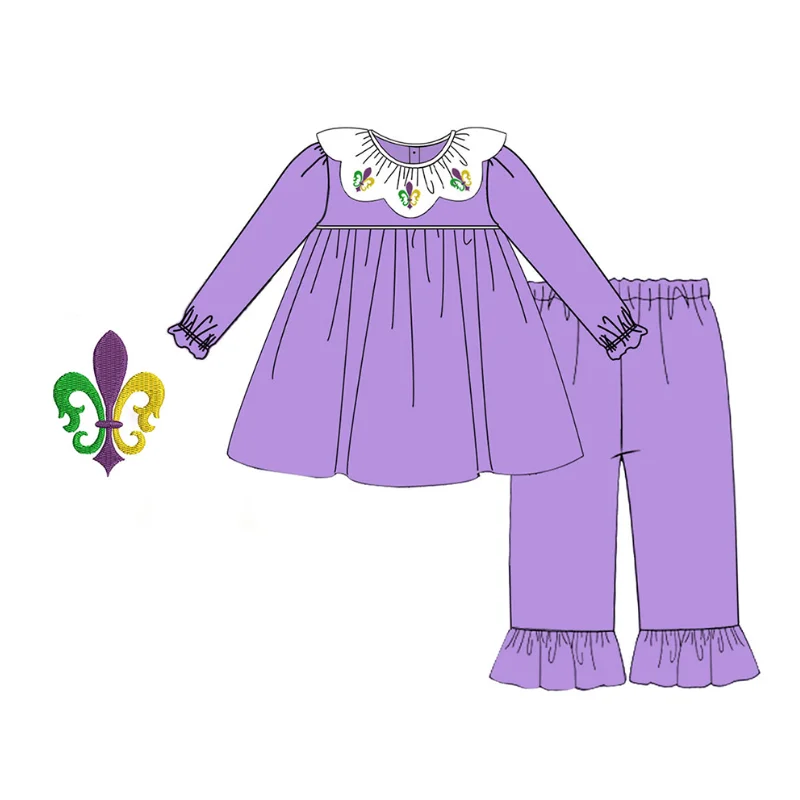 Фиолетовый топ с длинными рукавами и рюшами для девочек с принтом Марди Гра, брюки из молочного шелка, бутиковый комплект, платье и комбинезон
Фиолетовый топ с длинными рукавами и рюшами для девочек с принтом Марди Гра, брюки из молочного шелка, бутиковый комплект, платье и комбинезон