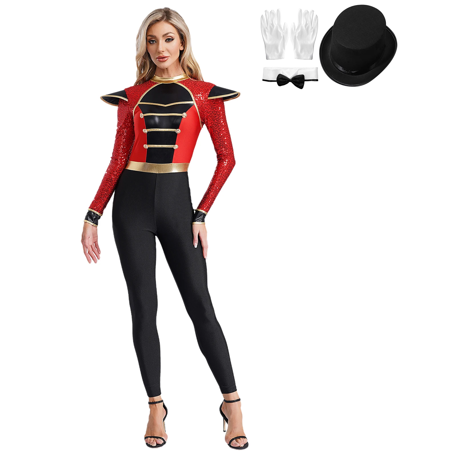 Skinny Formal Jumpsuit Women Circus Magician Performance Costume Jumpsuit with Top Hat Gloves And Bow Fake Collar Showing Set
Skinny Formal Jumpsuit Women Circus Magician Performance Costume Jumpsuit with Top Hat Gloves And Bow Fake Collar Showing Set