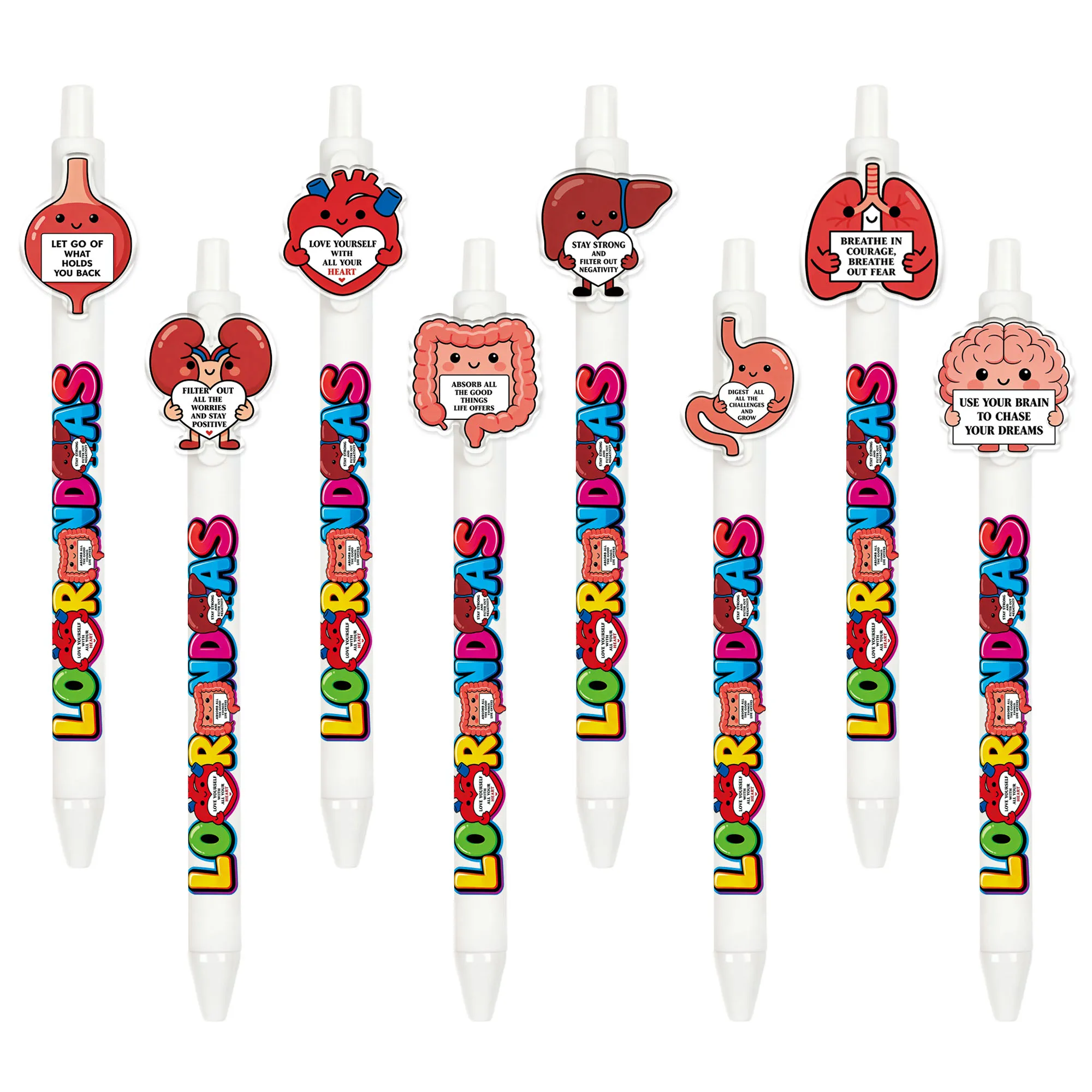8 pieces / 15 pieces organ-themed ballpoint pens. Organ patterns with inspiring phrases and positive energy for writing.
8 pieces / 15 pieces organ-themed ballpoint pens. Organ patterns with inspiring phrases and positive energy for writing.