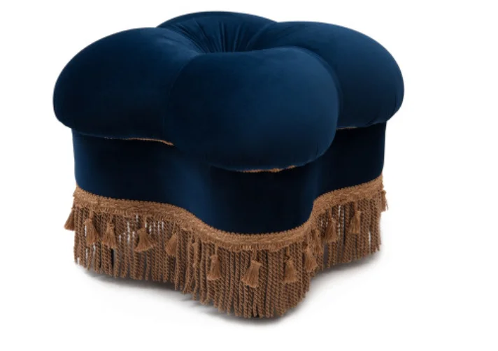 Ellen Upholstered Clover Ottoman with Gold Bullion Fringe, Navy Blue
Ellen Upholstered Clover Ottoman with Gold Bullion Fringe, Navy Blue
