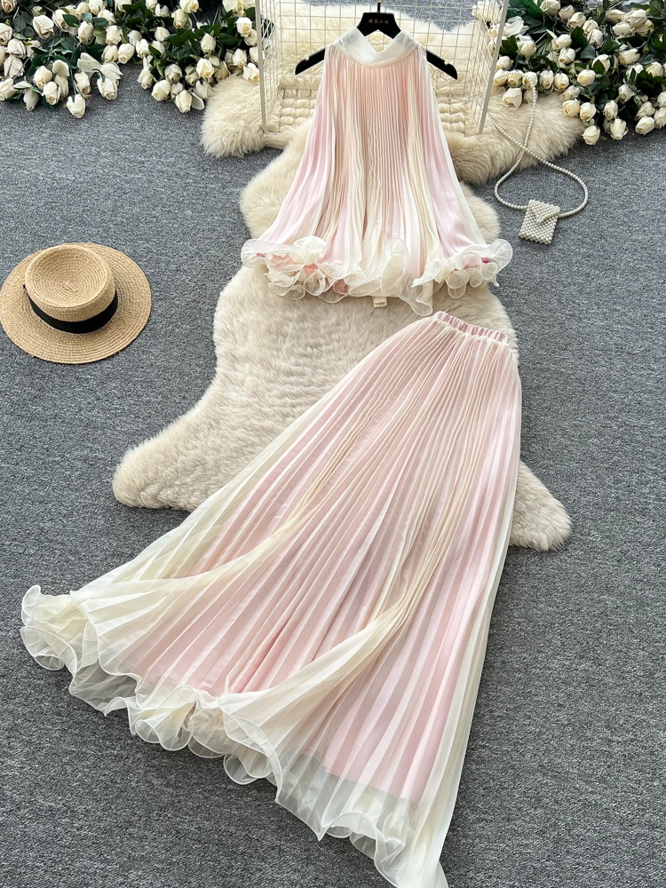 Summer Fashion Set Women's High Waist Halter Neck Pleated Vest Skirt Two-Piece Sweet Charismatic Outfit Casual Commute Wear
Summer Fashion Set Women's High Waist Halter Neck Pleated Vest Skirt Two-Piece Sweet Charismatic Outfit Casual Commute Wear