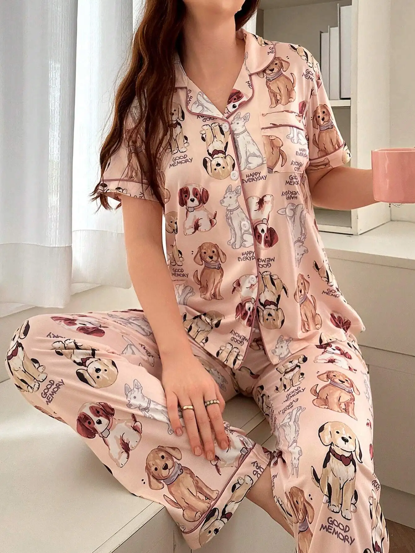 Pink Satin Pajama Set with Cute Dog Illustrations and Contrast Piping
Pink Satin Pajama Set with Cute Dog Illustrations and Contrast Piping