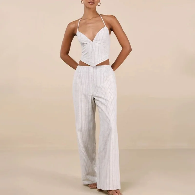 Women Striped Clothing Sets Backless Halter Camisole+Wide Leg Pants Female 2 Piece Suits Summer Chic Streetwear Lady Sexy Outfit
Women Striped Clothing Sets Backless Halter Camisole+Wide Leg Pants Female 2 Piece Suits Summer Chic Streetwear Lady Sexy Outfit