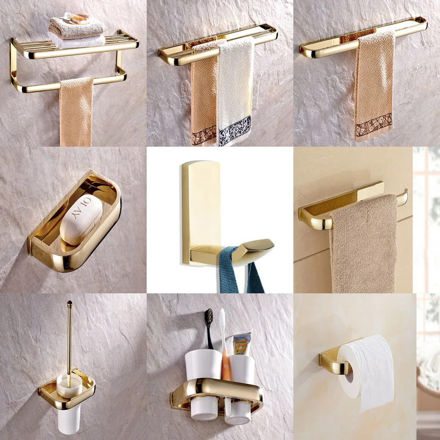 Gold Color Brass Wall Mounted Bathroom Accessories Set Towel Bar Soap Dish Robe Hook Toilet Paper Holder aset001
Gold Color Brass Wall Mounted Bathroom Accessories Set Towel Bar Soap Dish Robe Hook Toilet Paper Holder aset001