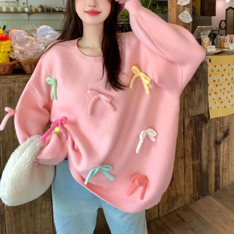 Women's Korean Fashion Loose Bow Pink Long Sweater Lazy Style One Size Gentle Knitted Pullover Top Autumn Winter
Women's Korean Fashion Loose Bow Pink Long Sweater Lazy Style One Size Gentle Knitted Pullover Top Autumn Winter