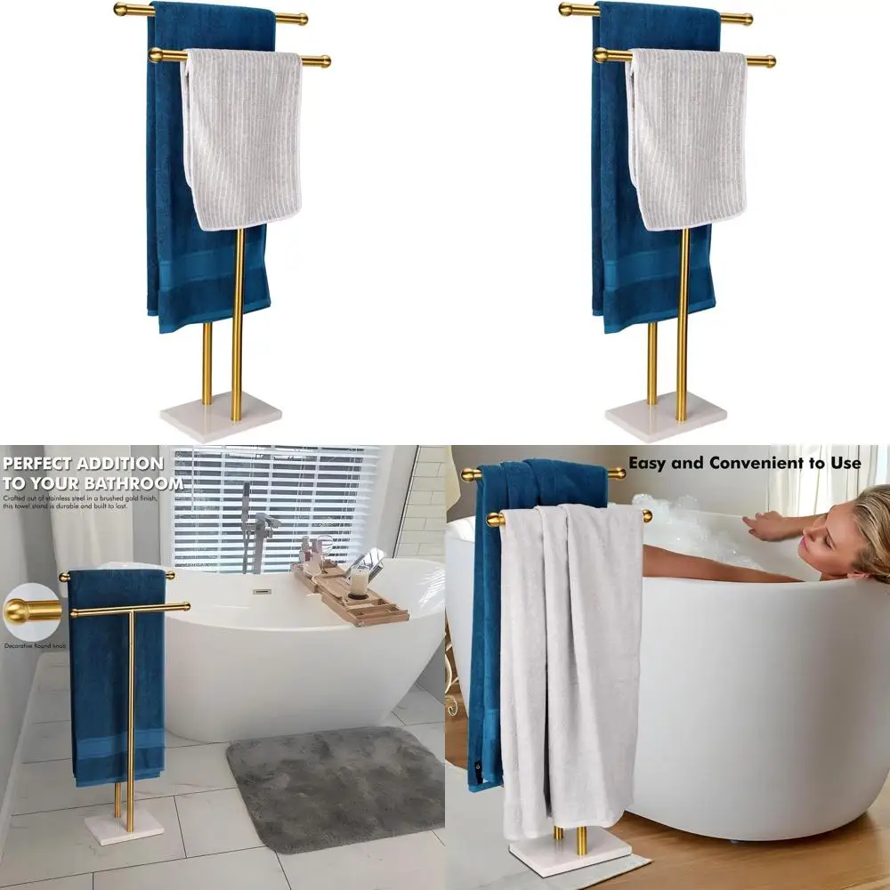 Double-T Shape Tall Standing Towel Rack with 2 Tiers, Marble Base Design, Brushed Gold Stainless Steel
Double-T Shape Tall Standing Towel Rack with 2 Tiers, Marble Base Design, Brushed Gold Stainless Steel