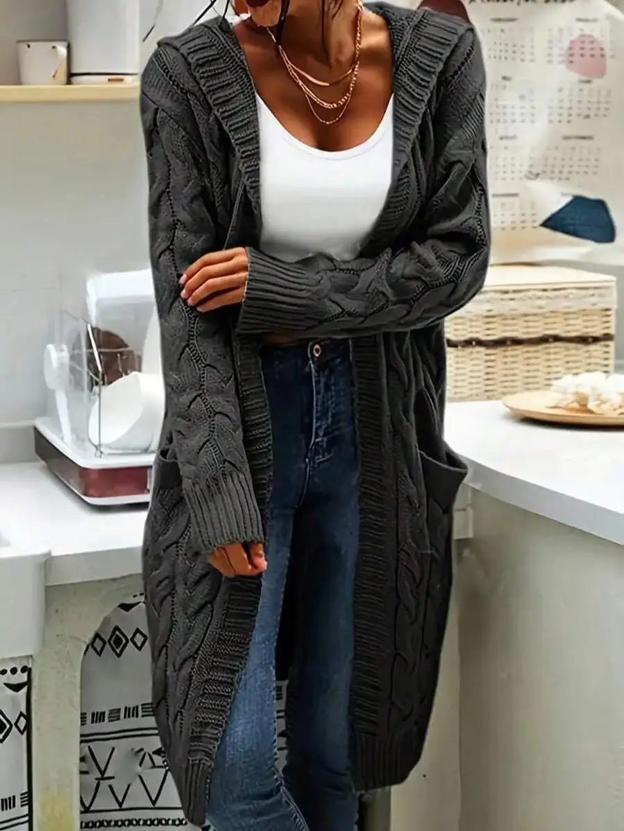 Dark Gray Cable Knit Hooded Long Cardigan With Pockets For Women Casual
Dark Gray Cable Knit Hooded Long Cardigan With Pockets For Women Casual