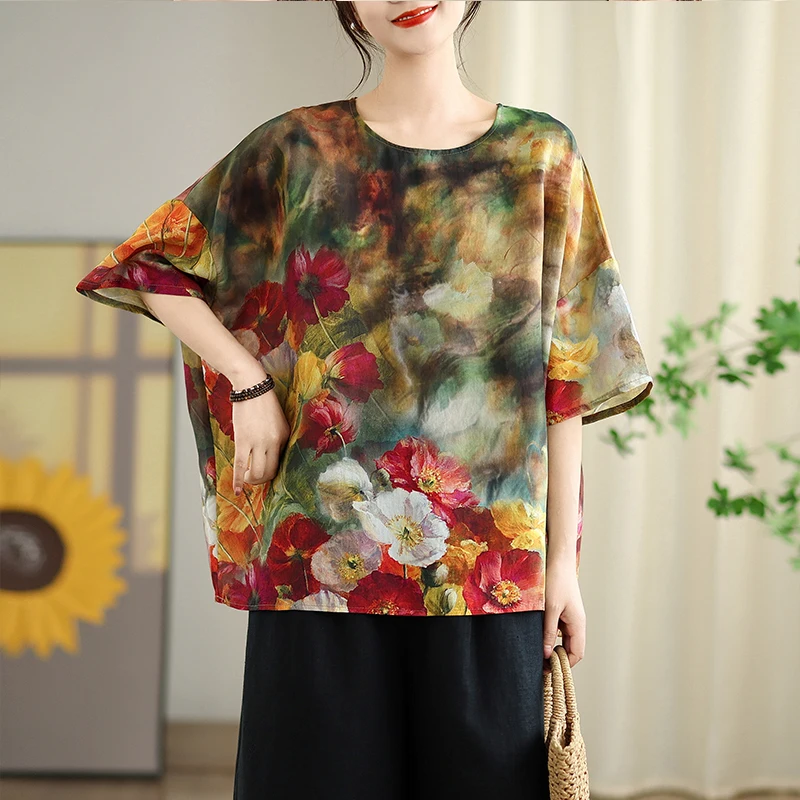Summer 2026 Large Size Cotton Linen Printed T-Shirt Slimming Base Shirt Women's Fashionable Plant Floral Print round Neck Lon...
Summer 2026 Large Size Cotton Linen Printed T-Shirt Slimming Base Shirt Women's Fashionable Plant Floral Print round Neck Lon...