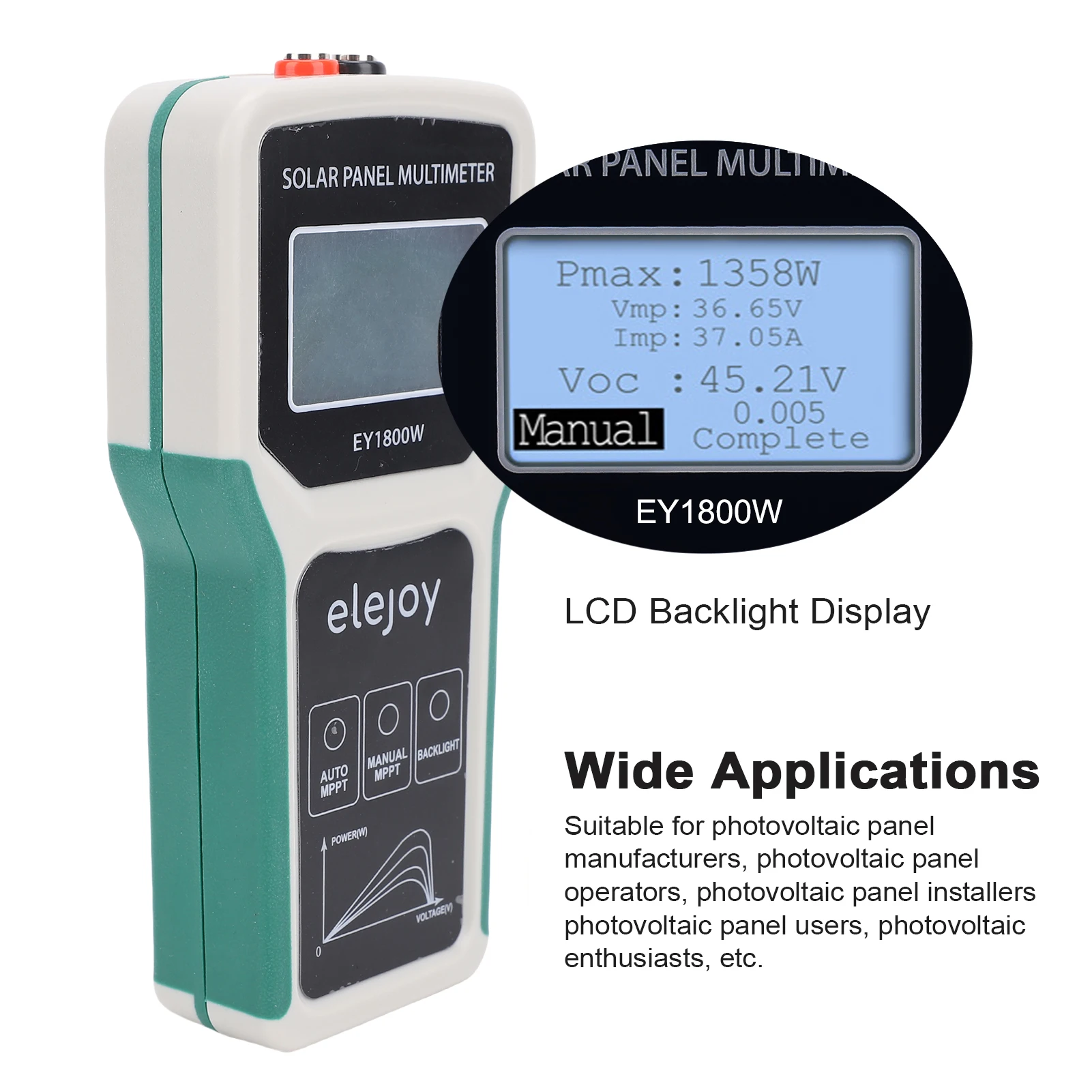 1800W solar panel multimeter tester, MPPT photovoltaic electricity meter, maximum power point (Pmax, Vmp, Imp)
1800W solar panel multimeter tester, MPPT photovoltaic electricity meter, maximum power point (Pmax, Vmp, Imp)