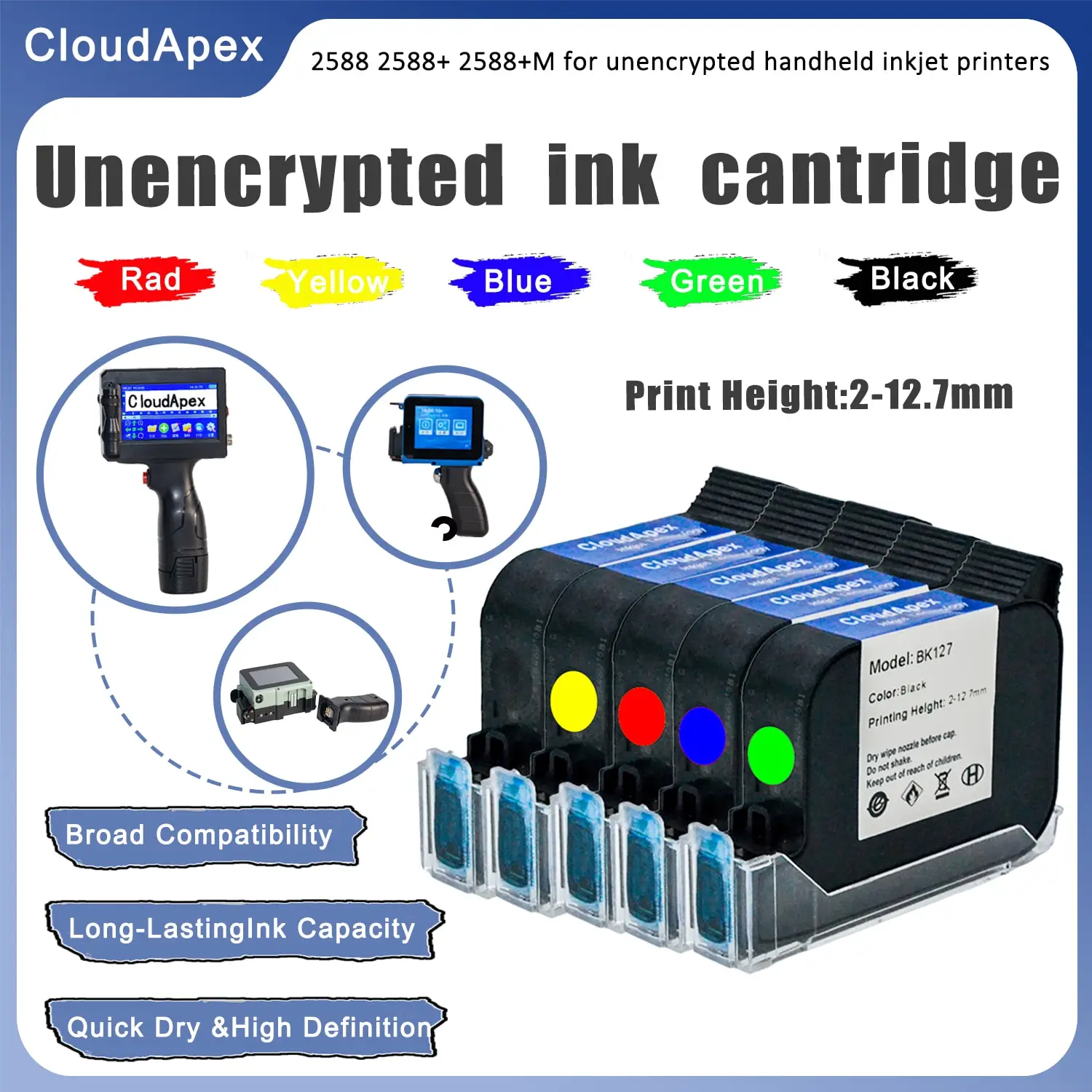 2588+ 42ML Black Red Blue Green yellow Printer Ink Cartridge Fast Dry Eco Solvent 12.7mm for unencrypted handheld printer
2588+ 42ML Black Red Blue Green yellow Printer Ink Cartridge Fast Dry Eco Solvent 12.7mm for unencrypted handheld printer
