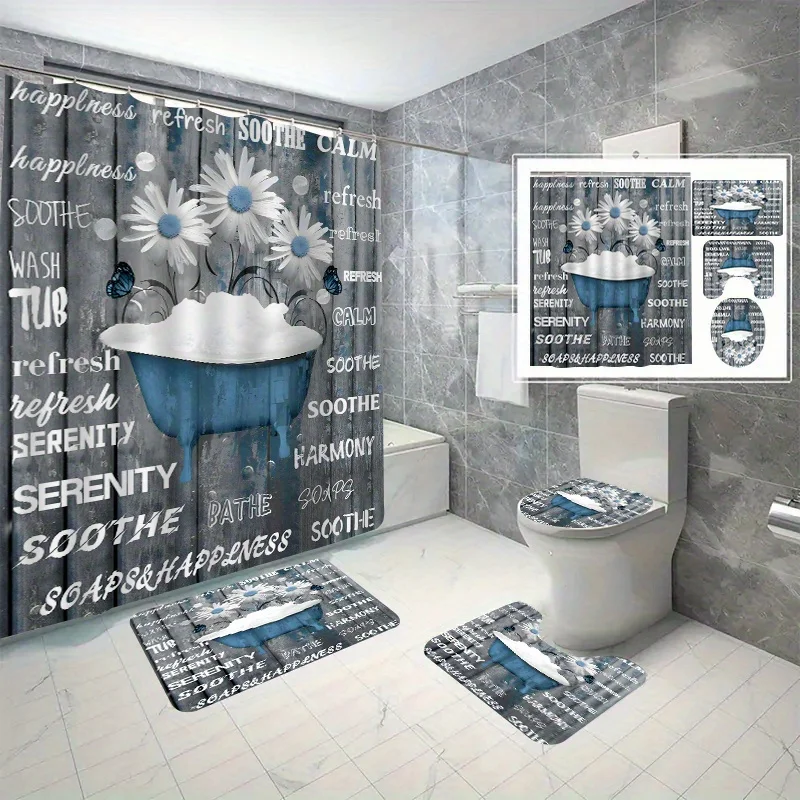 Serenity Daisy Bathroom 4-Piece Set: Shower Curtain, Bath Mat, Toilet Cover, and Tank Cover – Calming Home Decor
Serenity Daisy Bathroom 4-Piece Set: Shower Curtain, Bath Mat, Toilet Cover, and Tank Cover – Calming Home Decor