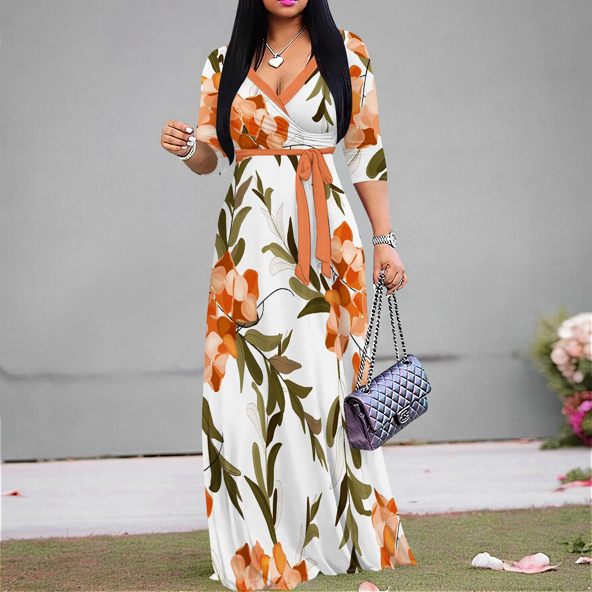 Boho Floral Wrap Maxi Dress for Women Orange Flower Print V-Neck Summer Long Dress
Boho Floral Wrap Maxi Dress for Women Orange Flower Print V-Neck Summer Long Dress