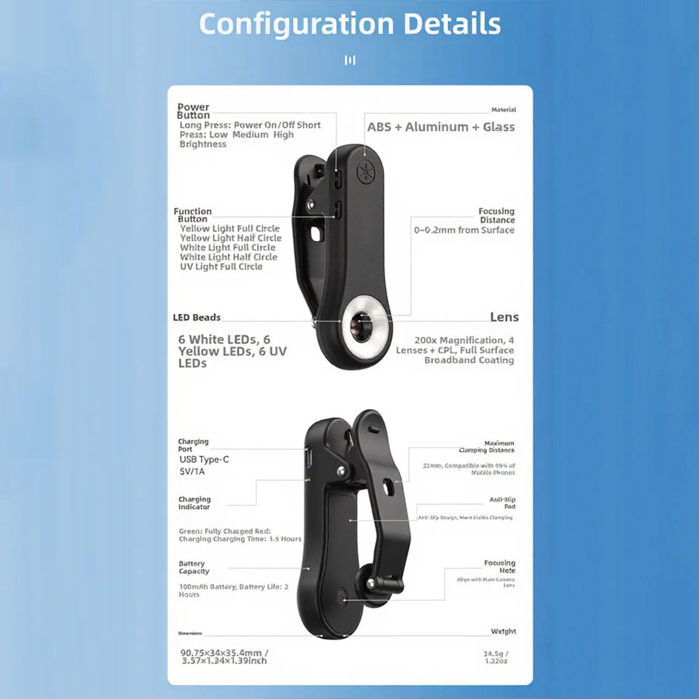 200X HD Magnification Lens Microscopes Pocket Magnifier Phone Microscope 365nm UV LEDs Autofocus System High CRI LEDs
200X HD Magnification Lens Microscopes Pocket Magnifier Phone Microscope 365nm UV LEDs Autofocus System High CRI LEDs
