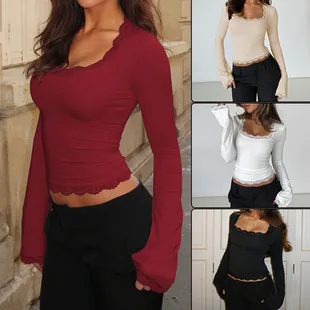 Women's T-shirt 2026 Autumn Winter Sexy Long-sleeved Ribbed Lace Top Fashionable U-neck Tshirt Playera Tops Mujer
Women's T-shirt 2026 Autumn Winter Sexy Long-sleeved Ribbed Lace Top Fashionable U-neck Tshirt Playera Tops Mujer