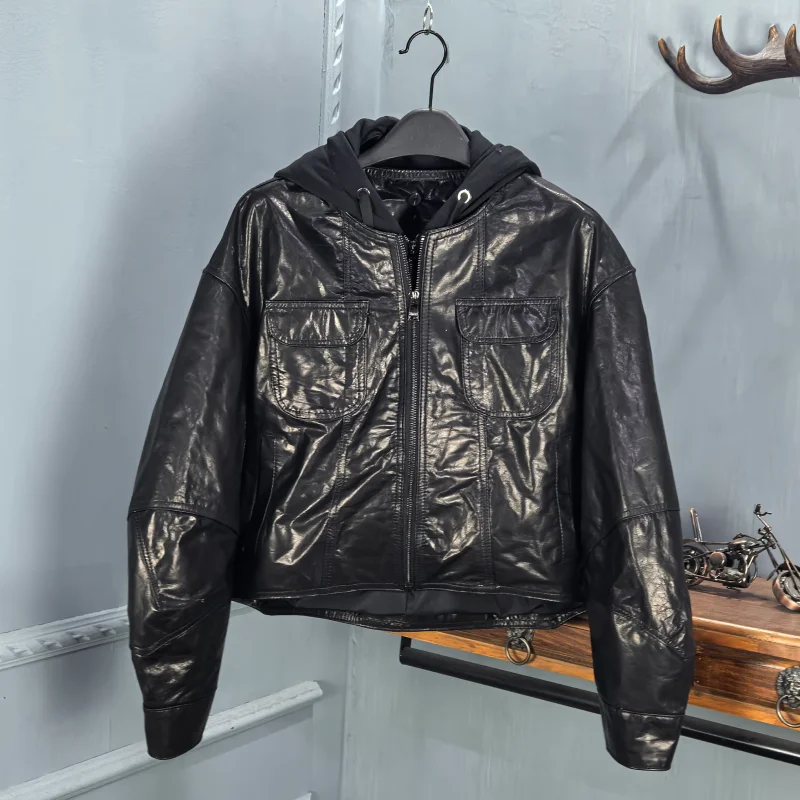 Spring 2026 Women's ort Leather Jaet Hooded Oil-Waxed Cowhide Genuine Leather Coat Versatile Youth Long Sve Zipper Design
Spring 2026 Women's ort Leather Jaet Hooded Oil-Waxed Cowhide Genuine Leather Coat Versatile Youth Long Sve Zipper Design